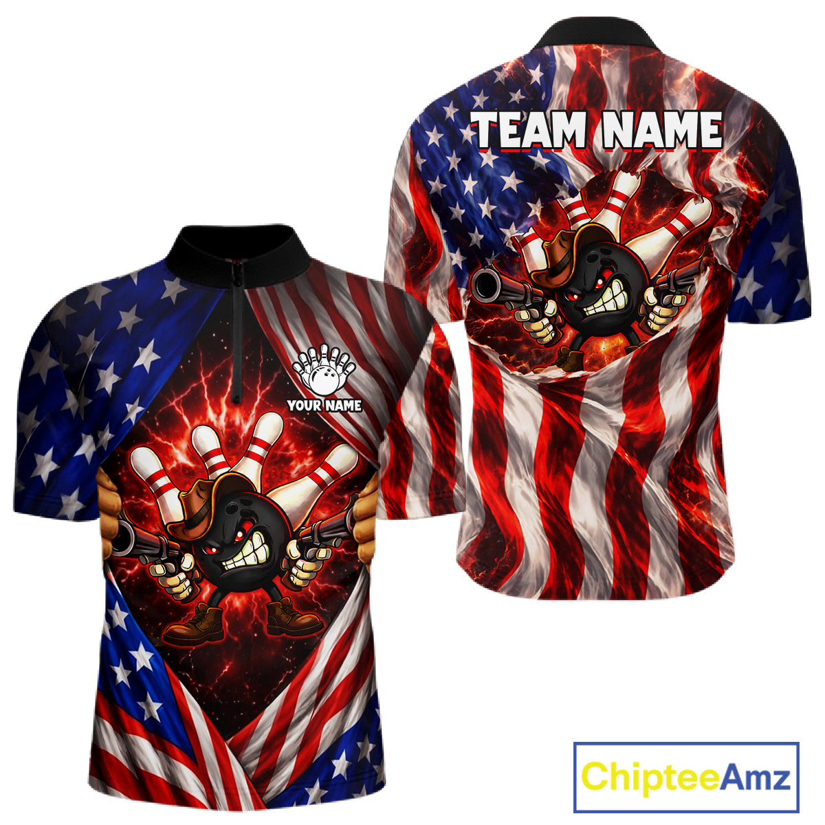 Glowing American Flag Funny Bowling Shirt For Men Custom Patriotic Bowling Jersey Polo & 1/4 Zip TDM6319