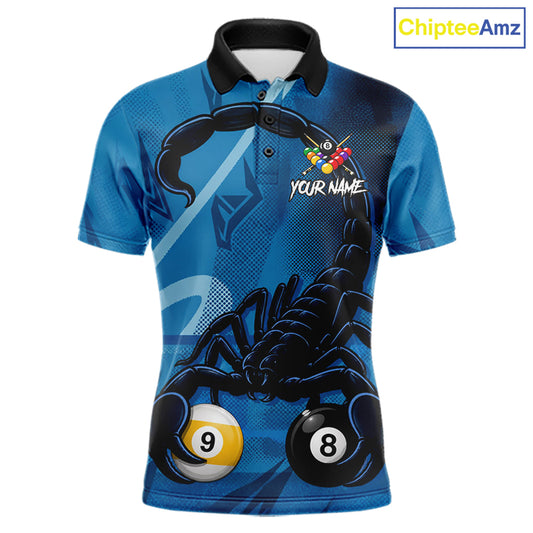 Custom Blue 8 Ball & 9 Ball Scorpion Billiard Shirt For Men, Billiard Team Jersey Polo & 1/4 Zip TDM6495