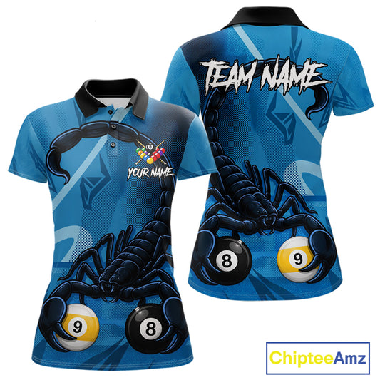 Custom Blue 8 Ball & 9 Ball Scorpion Billiard Shirt For Women, Billiard Team Jersey Polo & 1/4 Zip TDM6495