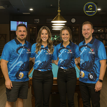 Custom Blue 8 Ball & 9 Ball Scorpion Billiard Shirt For Men, Billiard Team Jersey Polo & 1/4 Zip TDM6495