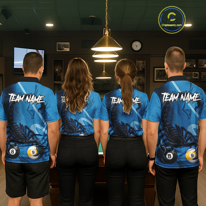 Custom Blue 8 Ball & 9 Ball Scorpion Billiard Shirt For Men, Billiard Team Jersey Polo & 1/4 Zip TDM6495