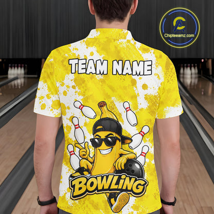 Back view of man wearing a funny yellow banana bowling polo shirt inside a bowling alley.