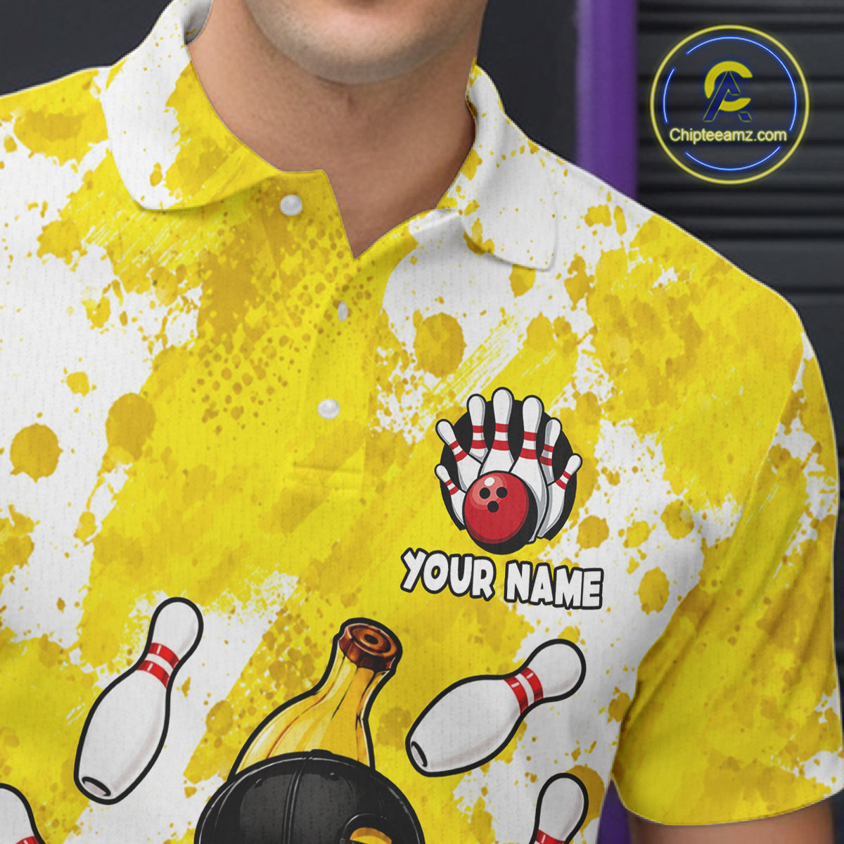 Close-up of a funny yellow banana bowling polo shirt collar, buttons, and banana artwork.