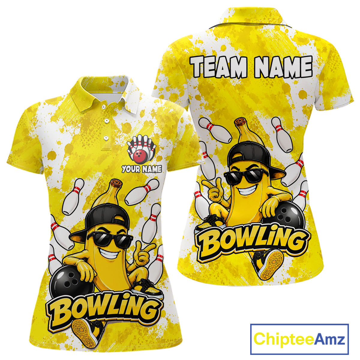 Funny yellow banana bowling polo shirt for women with custom bowling team graphics.