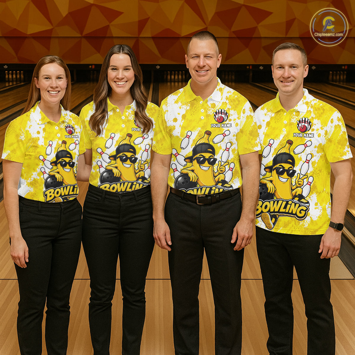 Bowling team wearing matching funny yellow banana bowling jerseys during tournament play front view.