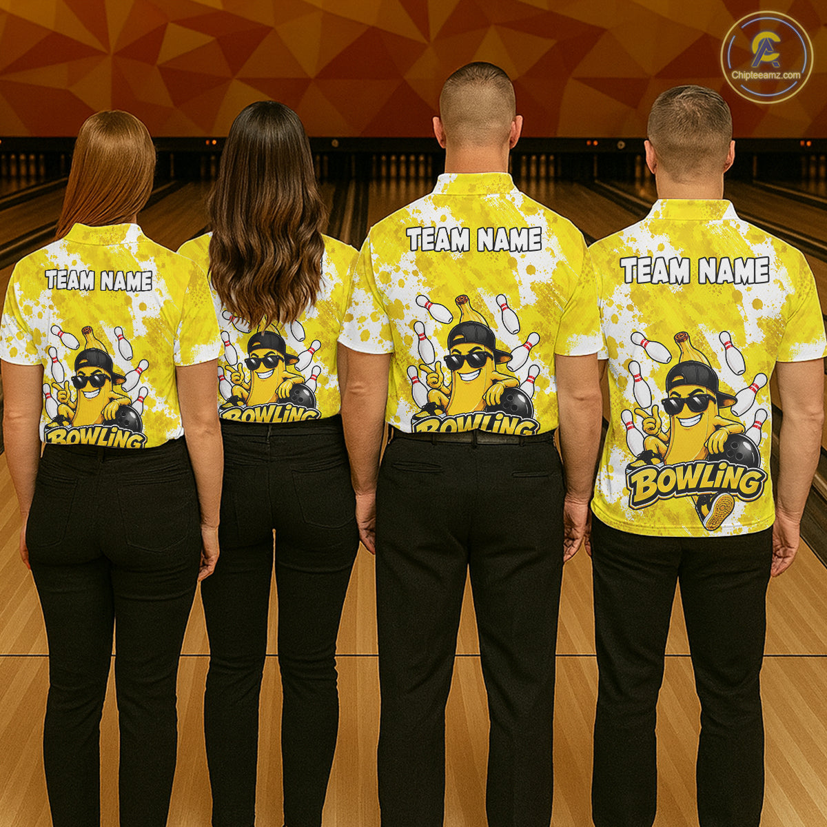 Back view of bowling team wearing matching yellow banana bowling shirts in a bowling alley.