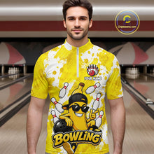Load image into Gallery viewer, Man wearing a funny yellow banana bowling quarter zip jersey during league competition front view.