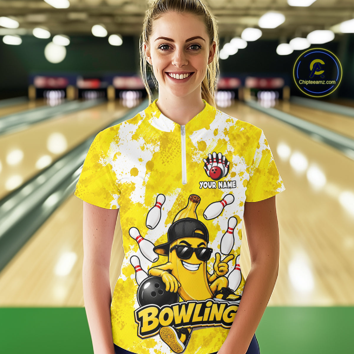 Woman wearing a funny yellow banana bowling quarter zip jersey during league competition front view.