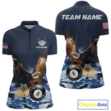 Load image into Gallery viewer, Blue camo eagle 8 ball billiard pool team jersey quarter zip shirt for women featuring premium blue camouflage eagle artwork for competitive billiard players.