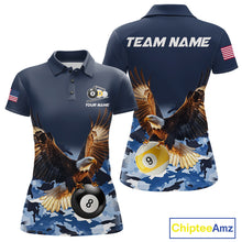 Load image into Gallery viewer, Blue camo eagle 8 ball and 9 ball pool billiard team jersey polo shirt for women featuring blue camouflage artwork with a powerful eagle, premium custom pool league apparel for tournaments and team competition.