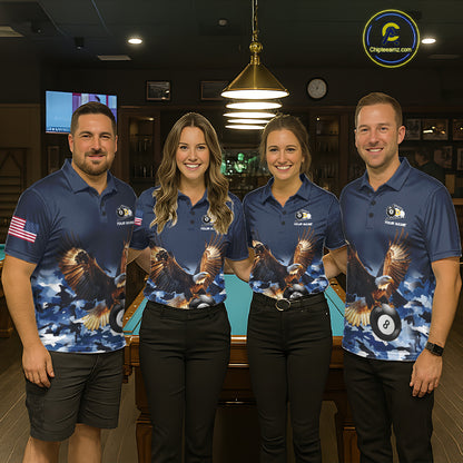 Billiard team wearing matching blue camo eagle 8 ball and 9 ball pool team jerseys featuring camouflage eagle graphics, front view.