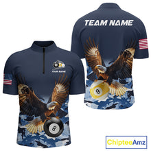 Load image into Gallery viewer, Blue camo eagle 8 ball and 9 ball pool billiard team jersey quarter zip shirt for men featuring premium blue camouflage eagle graphics for competitive pool players.