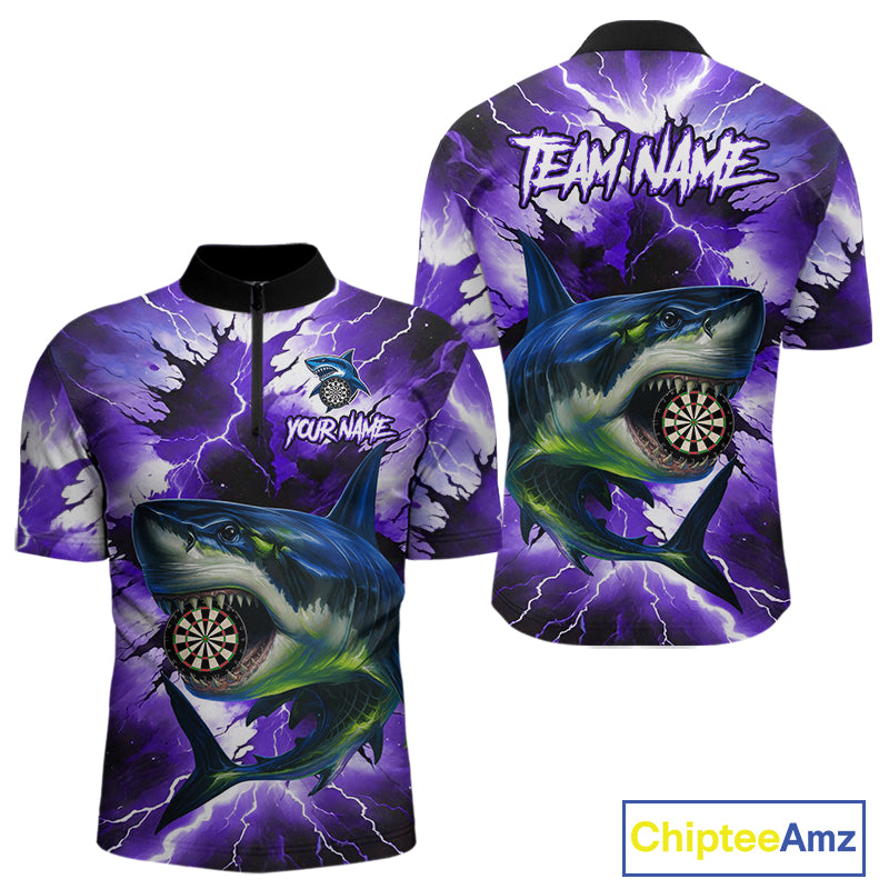 Thunder Lightning Storm Shark Darts Shirt For Men Custom Purple Darts Team Jersey Polo & 1/4 Zip TDM4570