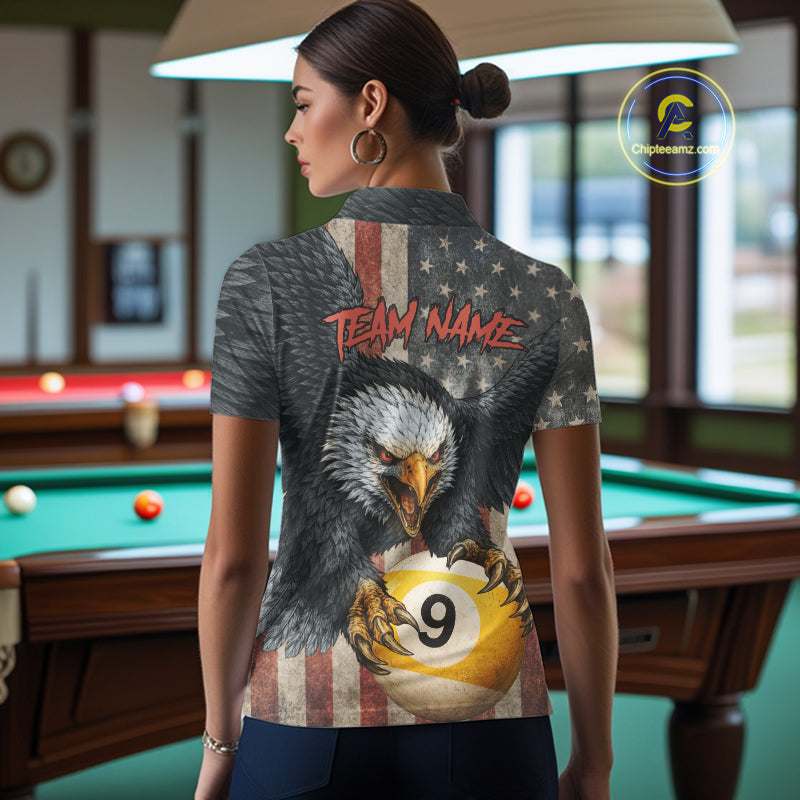 Personalized 8 Ball & 9 Ball Vintage American Flag Eagle Billiard Shirt For Women, Pool Team Jersey TDM5720