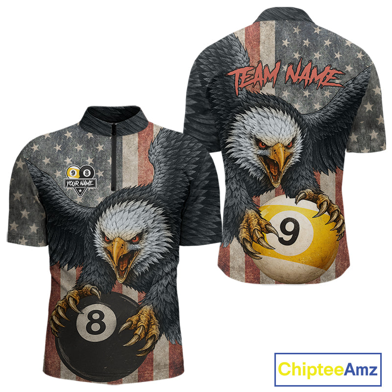 Personalized 8 Ball & 9 Ball Vintage American Flag Eagle Billiard Shirt For Men, Pool Team Jersey TDM5720