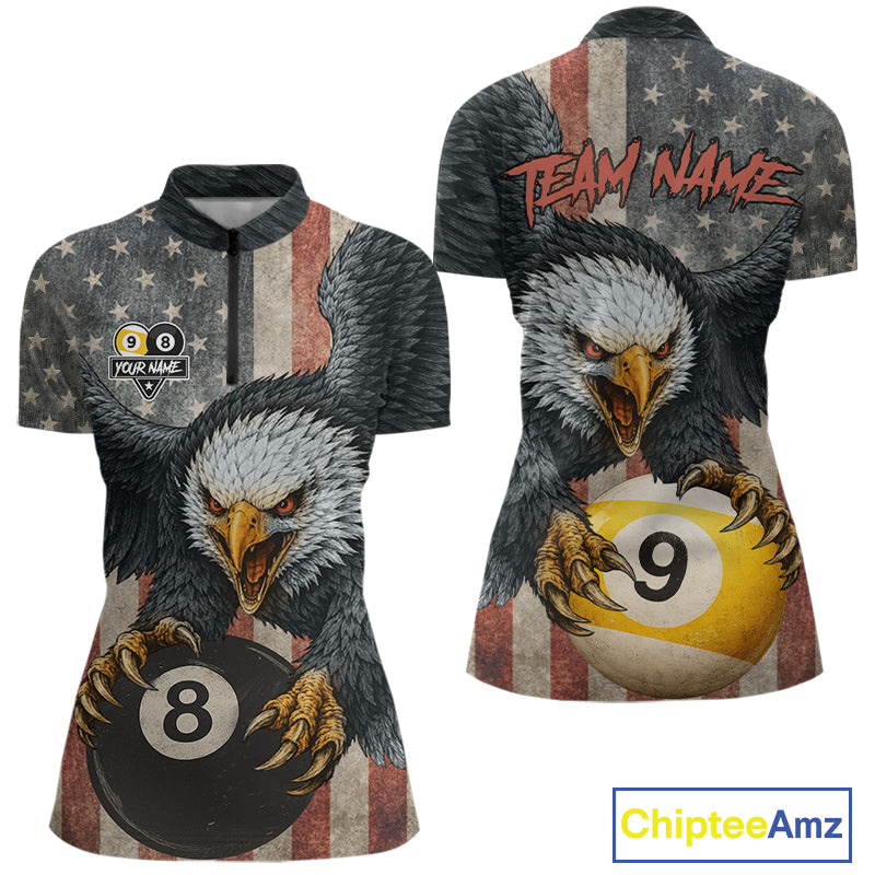 Personalized 8 Ball & 9 Ball Vintage American Flag Eagle Billiard Shirt For Women, Pool Team Jersey TDM5720