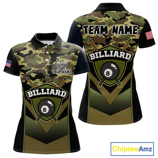 Personalized Green Camo 8 Ball Pool Billiard Shirt For Women, Billiard Team Jersey Polo & 1/4 Zip TDM6076