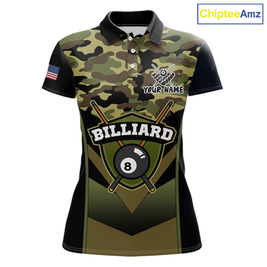 Personalized Green Camo 8 Ball Pool Billiard Shirt For Women, Billiard Team Jersey Polo & 1/4 Zip TDM6076