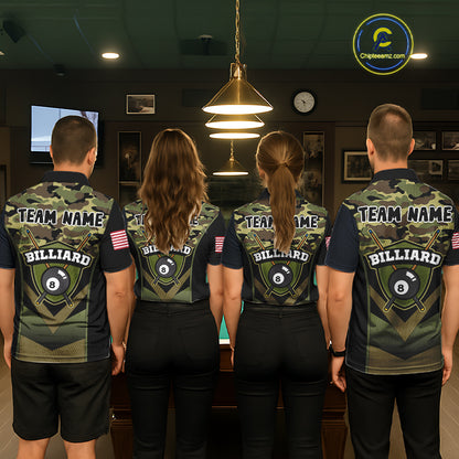 Personalized Green Camo 8 Ball Pool Billiard Shirt For Men, Billiard Team Jersey Polo & 1/4 Zip TDM6076