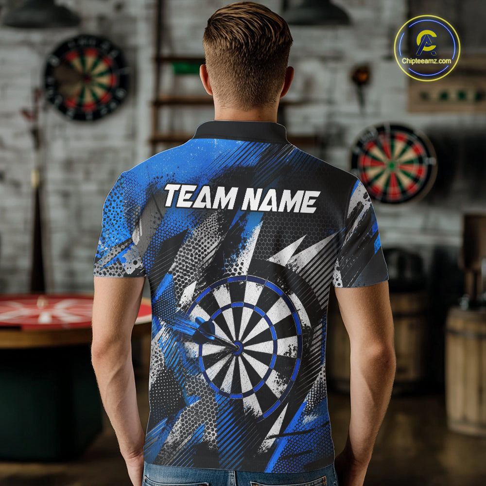 Personalized Blue Geometric Grunge Darts Shirt For Men Custom Darts Team Jersey Polo & 1/4 Zip TDM6507