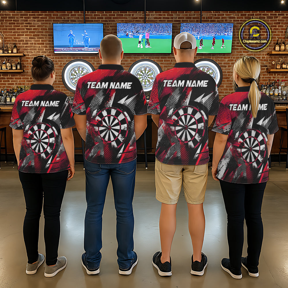 Personalized Red Geometric Grunge Darts Shirt For Men Custom Darts Team Jersey Polo & 1/4 Zip TDM6508