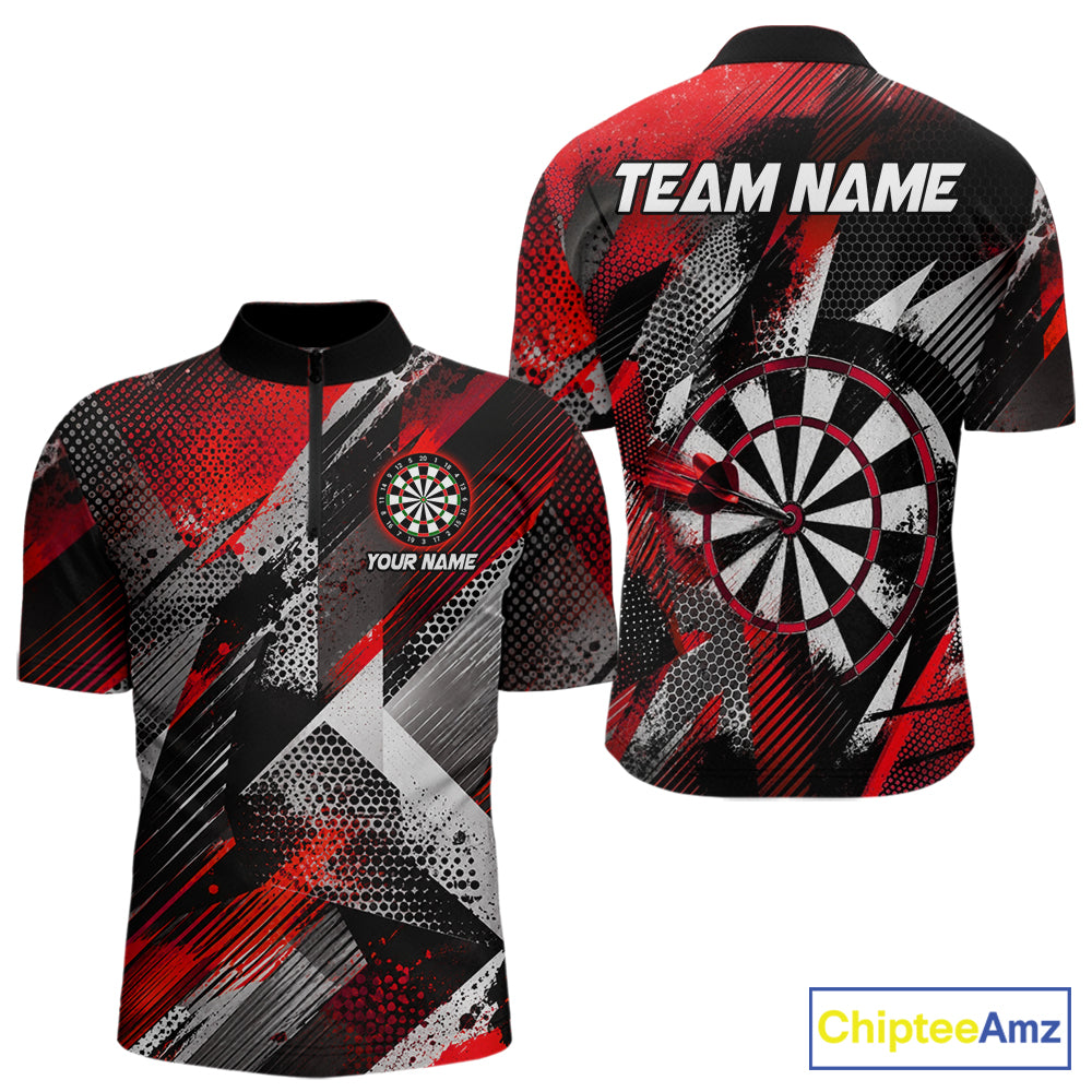 Personalized Red Geometric Grunge Darts Shirt For Men Custom Darts Team Jersey Polo & 1/4 Zip TDM6508
