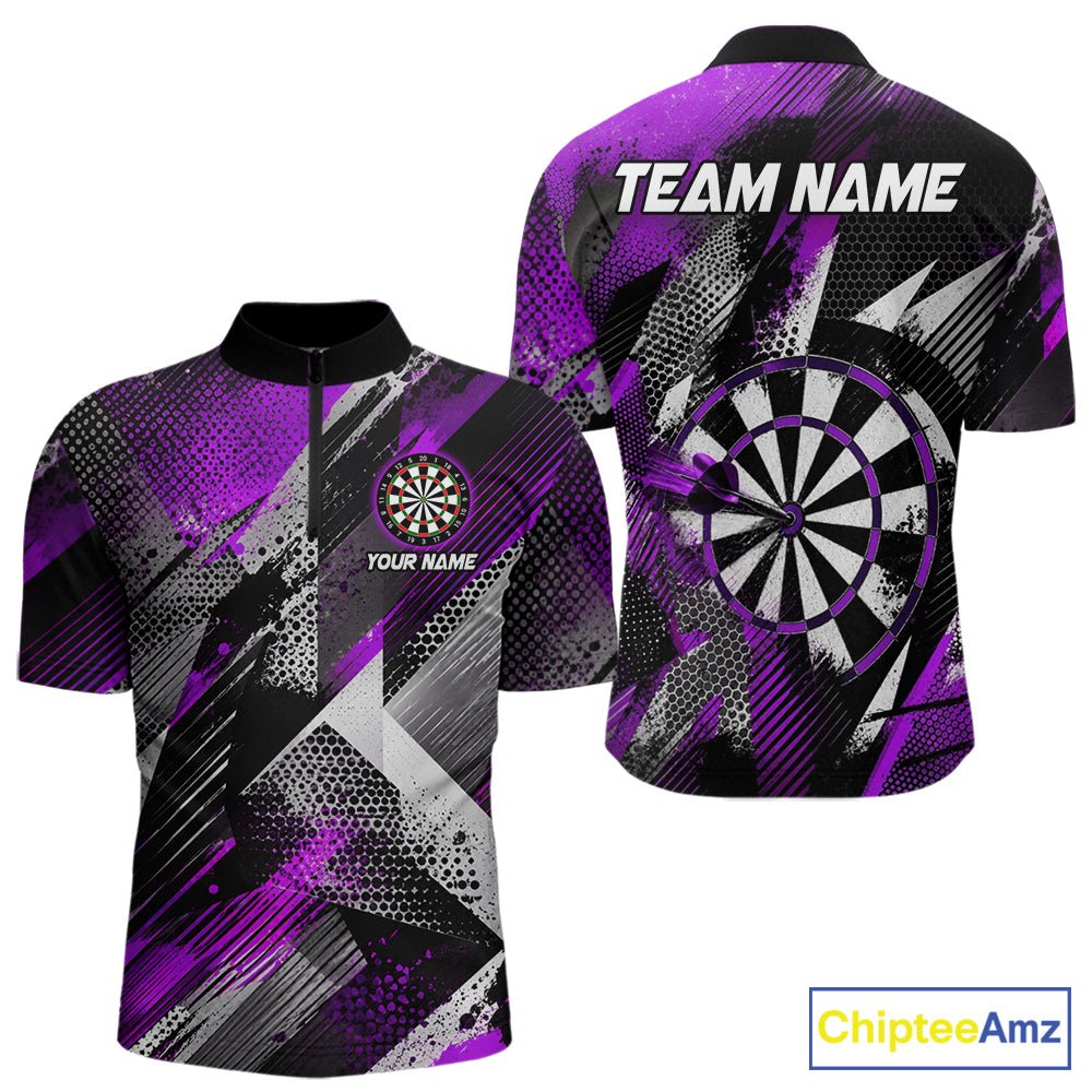 Personalized Purple Geometric Grunge Darts Shirt For Men Custom Darts Team Jersey Polo & 1/4 Zip TDM6509