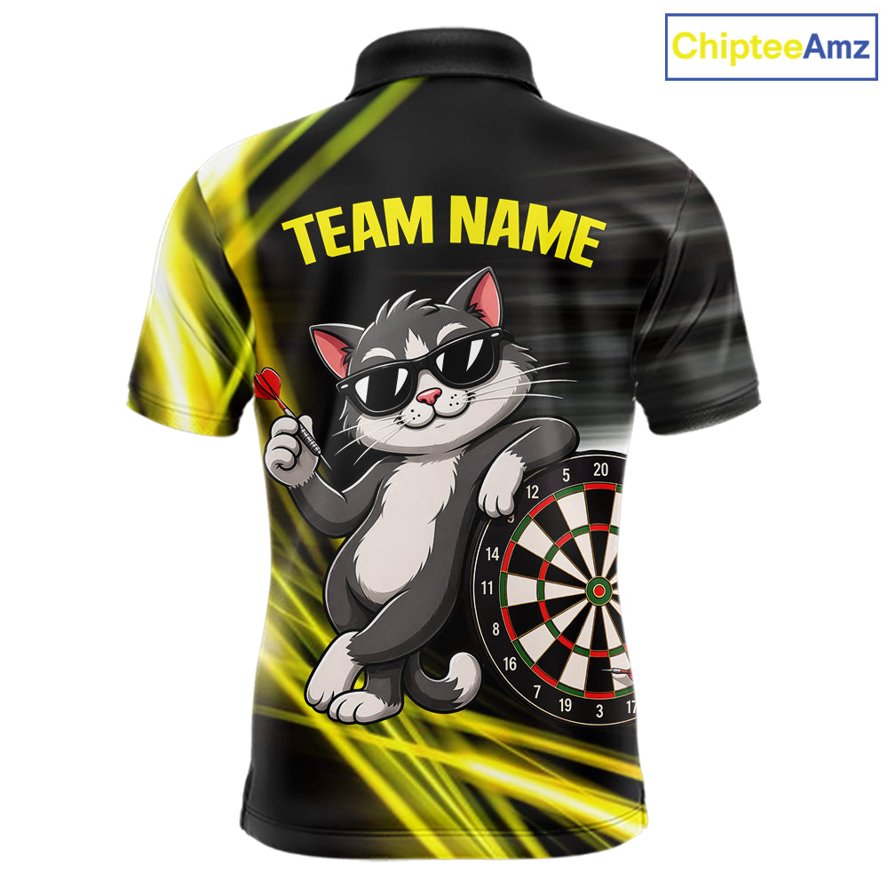 Custom Black And Yellow Funny Cat Darts Shirt For Men, Darts Jersey Polo & 1/4 Zip, Darts Gifts TDM6510