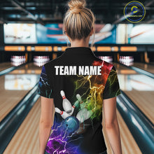 Load image into Gallery viewer, Woman wearing colorful rainbow thunder lightning bowling team jersey quarter zip shirt featuring vibrant lightning artwork, front view.