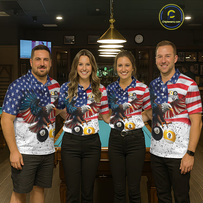 Personalized American Flag Eagle 8 Ball 9 Ball Billiard Jersey For Women, Patriotic Pool Team Shirts TDM7246