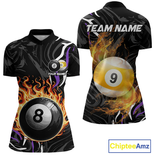 Personalized 8 Ball & 9 Ball Fire Flame Women Billiard Shirt, Billiard Jersey For Team Pooler|Purple TDM5210