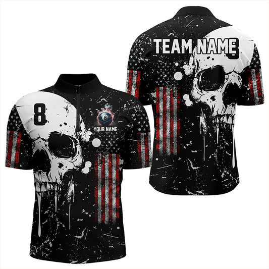 Black Grunge Skull American Flag Men Billiard Polo, Quarter Zip Custom Patriotic Billiard Jersey TDM3232