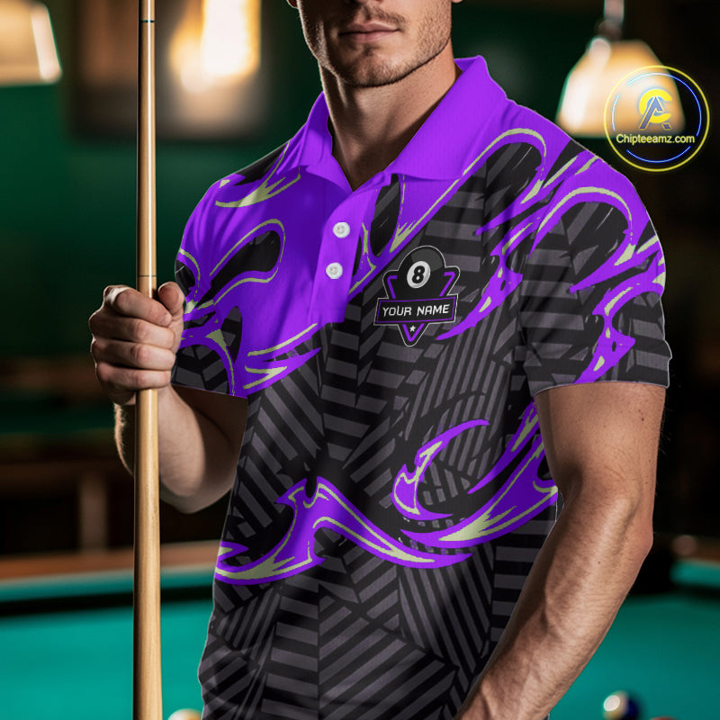 Custom Black Purple 8 Ball Tribal Flame Billiard Shirt For Men, Pool Team Jersey Polo & 1/4 Zip TDM5723