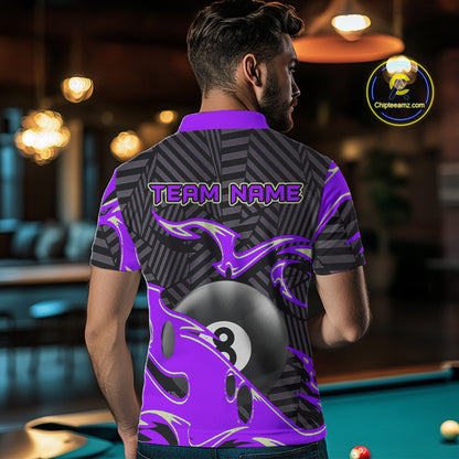 Custom Black Purple 8 Ball Tribal Flame Billiard Shirt For Men, Pool Team Jersey Polo & 1/4 Zip TDM5723