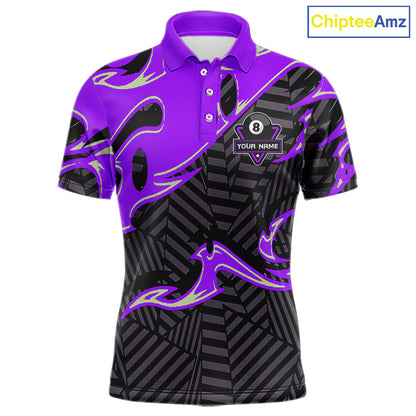 Custom Black Purple 8 Ball Tribal Flame Billiard Shirt For Men, Pool Team Jersey Polo & 1/4 Zip TDM5723