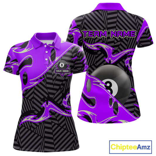 Custom Black Purple 8 Ball Tribal Flame Billiard Shirt For Women, Pool Team Jersey Polo & 1/4 Zip TDM5723
