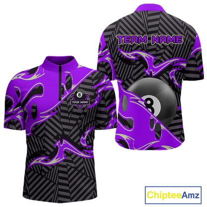 Custom Black Purple 8 Ball Tribal Flame Billiard Shirt For Men, Pool Team Jersey Polo & 1/4 Zip TDM5723