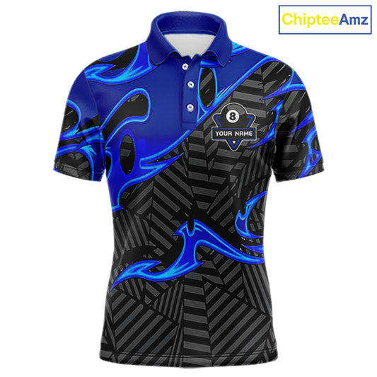 Custom Black And Blue 8 Ball Tribal Flame Billiard Shirt For Men, Pool Team Jersey Polo & 1/4 Zip TDM5724