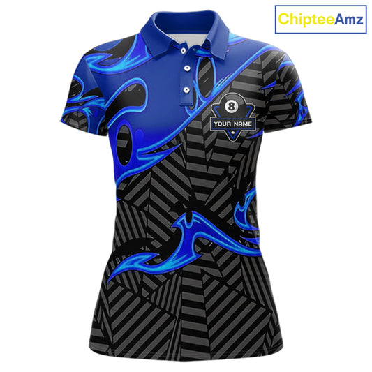 Custom Black And Blue 8 Ball Tribal Flame Billiard Shirt For Women, Pool Team Jersey Polo & 1/4 Zip TDM5724