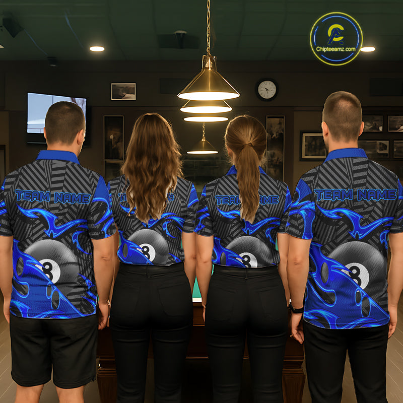Custom Black And Blue 8 Ball Tribal Flame Billiard Shirt For Men, Pool Team Jersey Polo & 1/4 Zip TDM5724