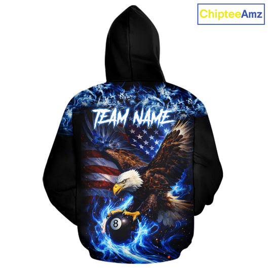 Blue Flaming Eagle 8 Ball Pool Hoodie For Men And Women Custom American Flag Billiard Hoodie TDM5727