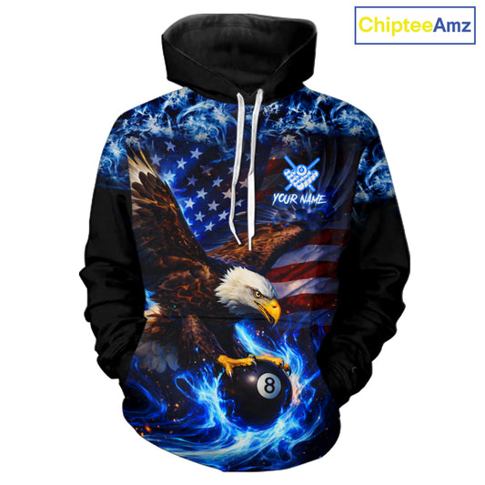 Blue Flaming Eagle 8 Ball Pool Hoodie For Men And Women Custom American Flag Billiard Hoodie TDM5727