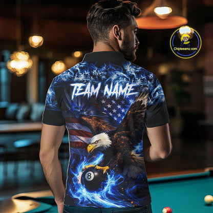 Blue Flaming Eagle 8 Ball Pool Billiard Shirt For Men Custom American Flag Billiard Team Jersey TDM5727