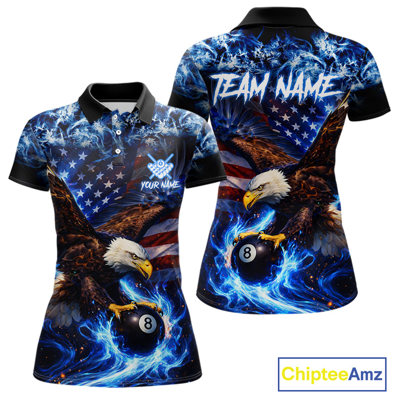 Blue Flaming Eagle 8 Ball Pool Billiard Shirt For Women Custom American Flag Billiard Team Jersey TDM5727