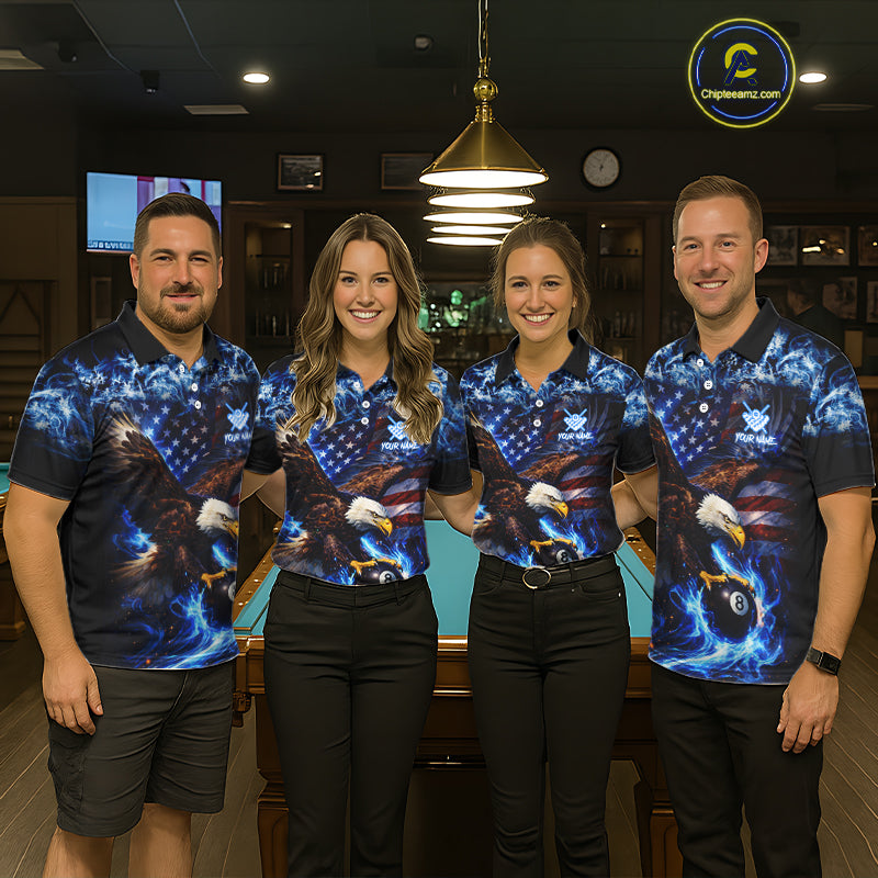 Blue Flaming Eagle 8 Ball Pool Billiard Shirt For Men Custom American Flag Billiard Team Jersey TDM5727