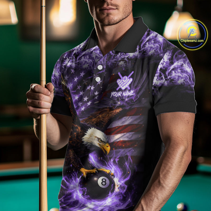 Purple Flaming Eagle 8 Ball Pool Billiard Shirt For Men Custom American Flag Billiard Team Jersey TDM5728