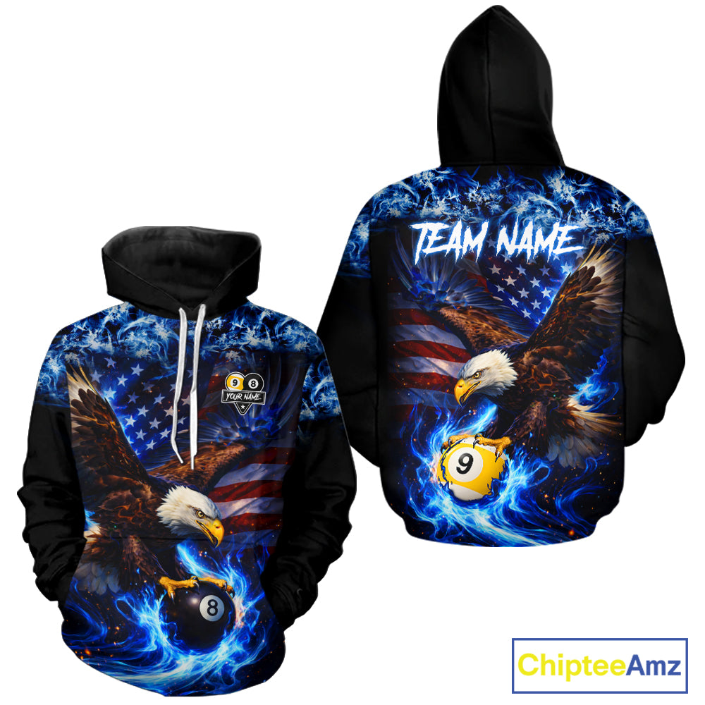 Blue Flaming Eagle 8 Ball 9 Ball Pool Hoodie For Men And Women Custom American Flag Billiard Hoodie TDM5729