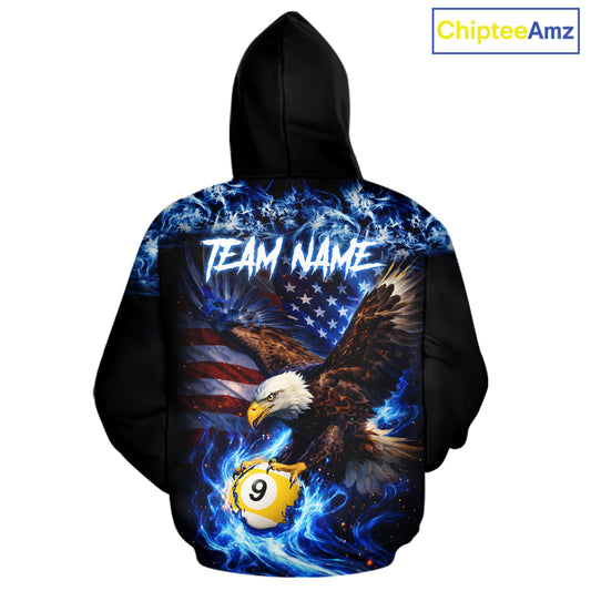 Blue Flaming Eagle 8 Ball 9 Ball Pool Hoodie For Men And Women Custom American Flag Billiard Hoodie TDM5729