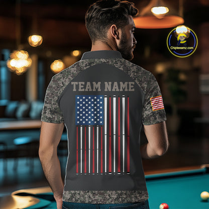 Personalized Retro Camo US Flag Billiard Shirt For Men, 8 Ball Pool Team Jersey Polo & 1/4 Zip TDM6336