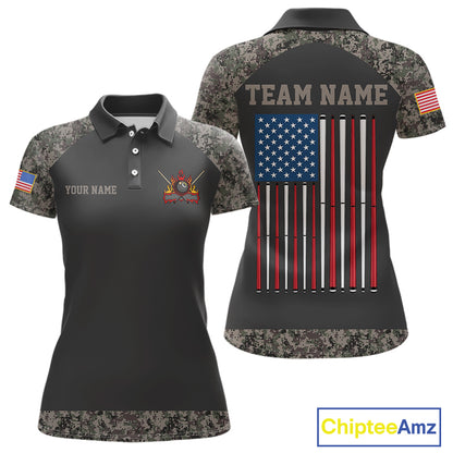 Personalized Retro Camo US Flag Billiard Shirt For Women, 8 Ball Pool Team Jersey Polo & 1/4 Zip TDM6336